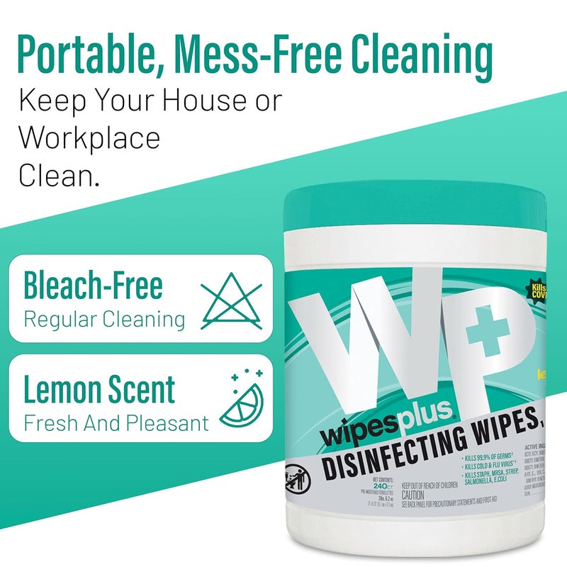 WIPESPLUS Disinfecting Surface Wipes Canister Bleach Free with Lemon Scent for Home and Business, 240 Count - Image 3